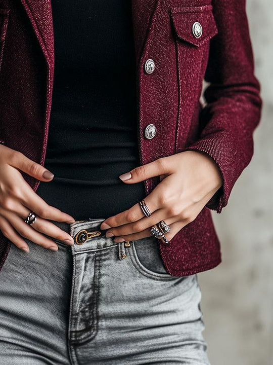 Chic Suit Collar Single-breasted Burgundy Jacket