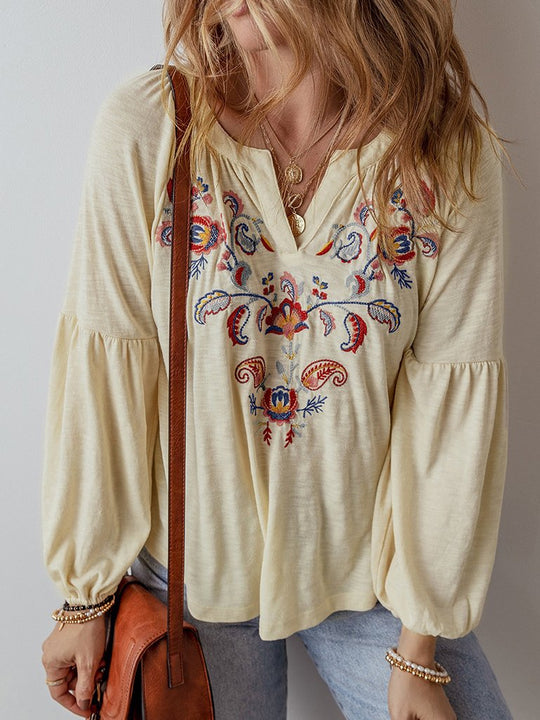 Ethnic V-Neck Paisley Embroidered Long Sleeves Chiffon Blouse