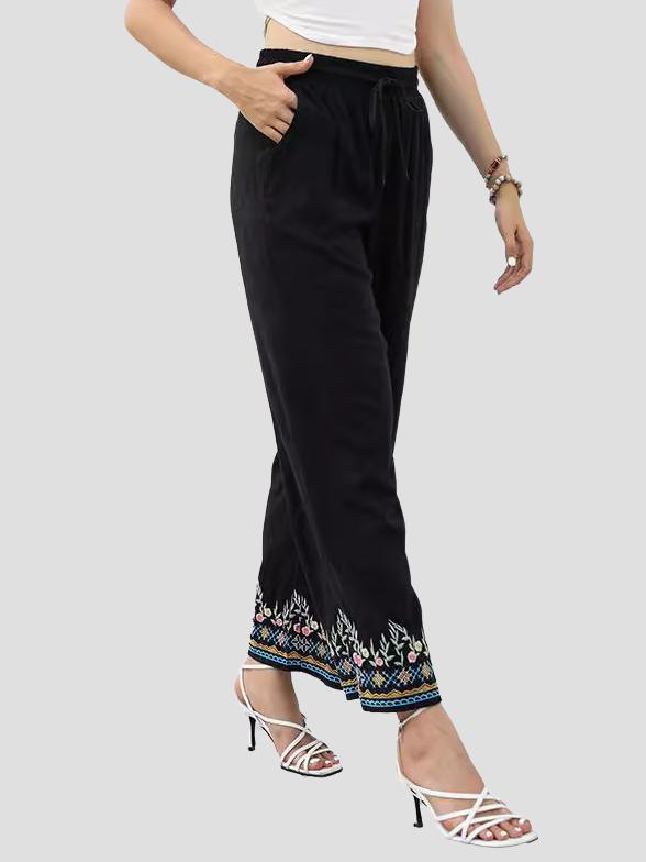 Elegant Floral Embroidered Elastic Waist Straight-leg Pants