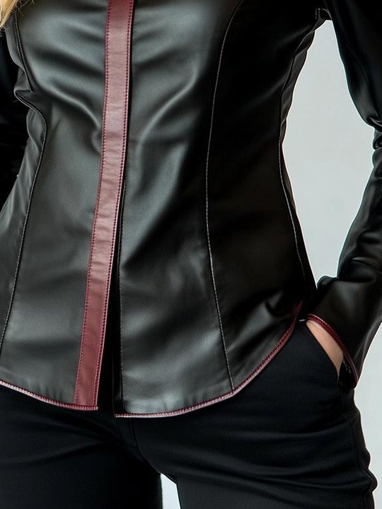 Stylish Constract Trim Button Down Leather Shirt