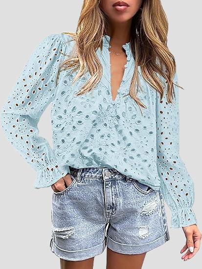 Elegant Half-open Hollow-out Lace Puff Sleeves Blouse