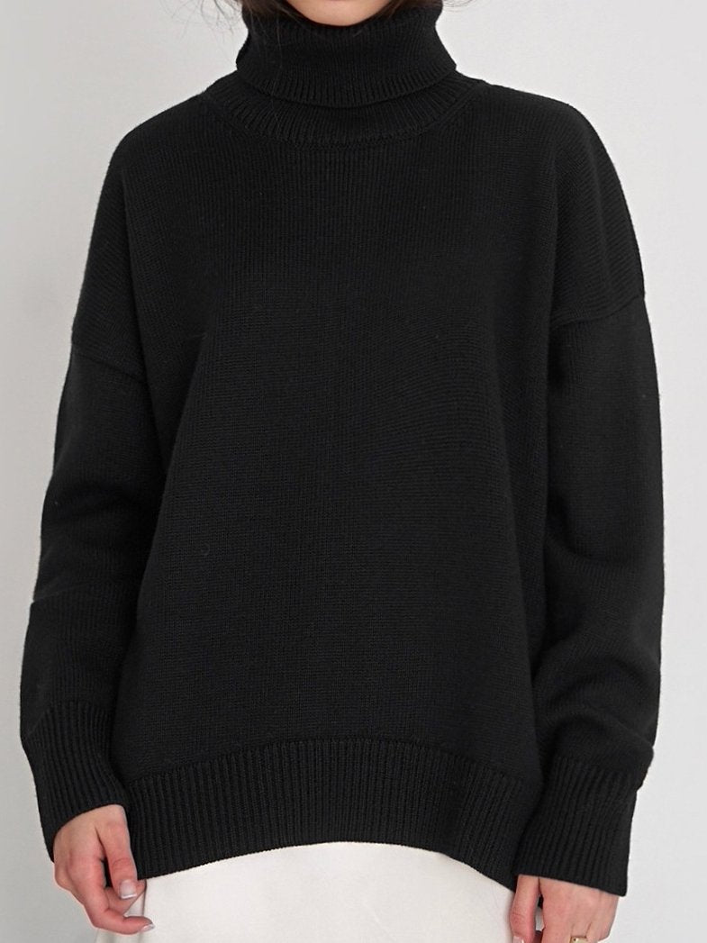 Basic Turtleneck Solid Color Ribbed Trim Knited Sweater