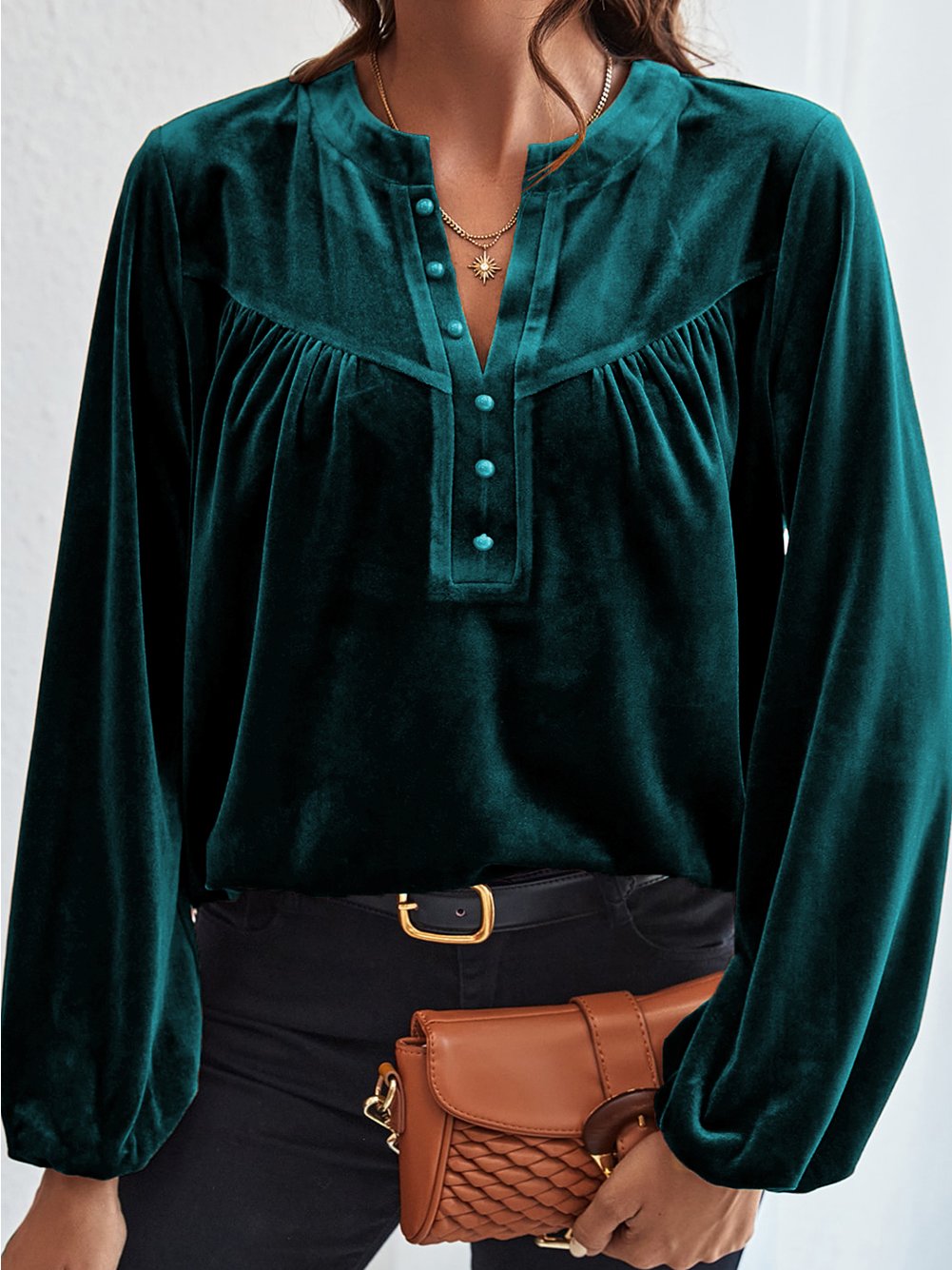 Elegant Half-placket Loose Velvet Blouse