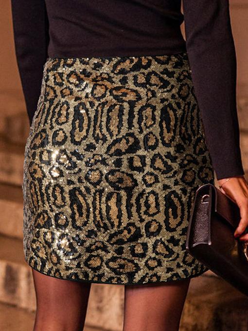 Chic Leopard Pattern Sequin Bodycon Mini Skirt