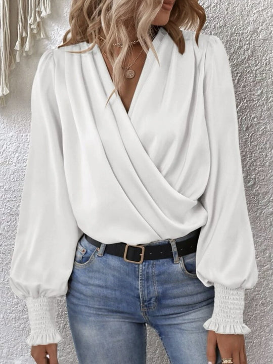 Elegant V-neck Pleated Lantern Sleeve Satin Blouse