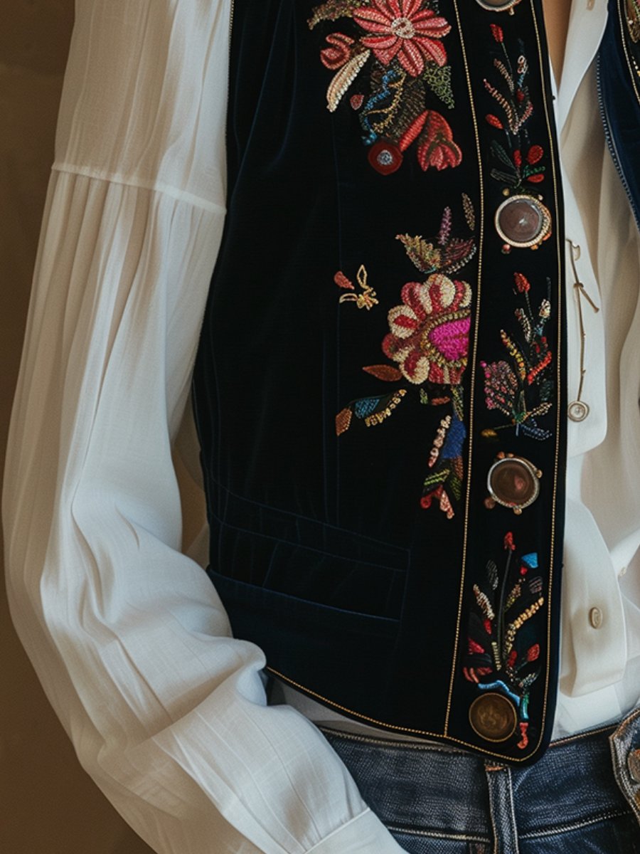 Stand Collar Embroidery Floral Sweater Vest