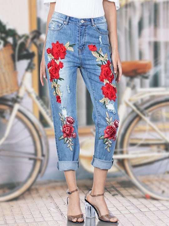 Handmade 3D Embroidered Floral Ripped Jeans