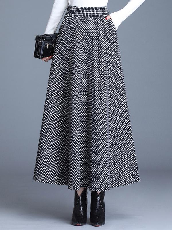 Elegant Elastic Waist Plaid Print Wool Blend Long Skirt