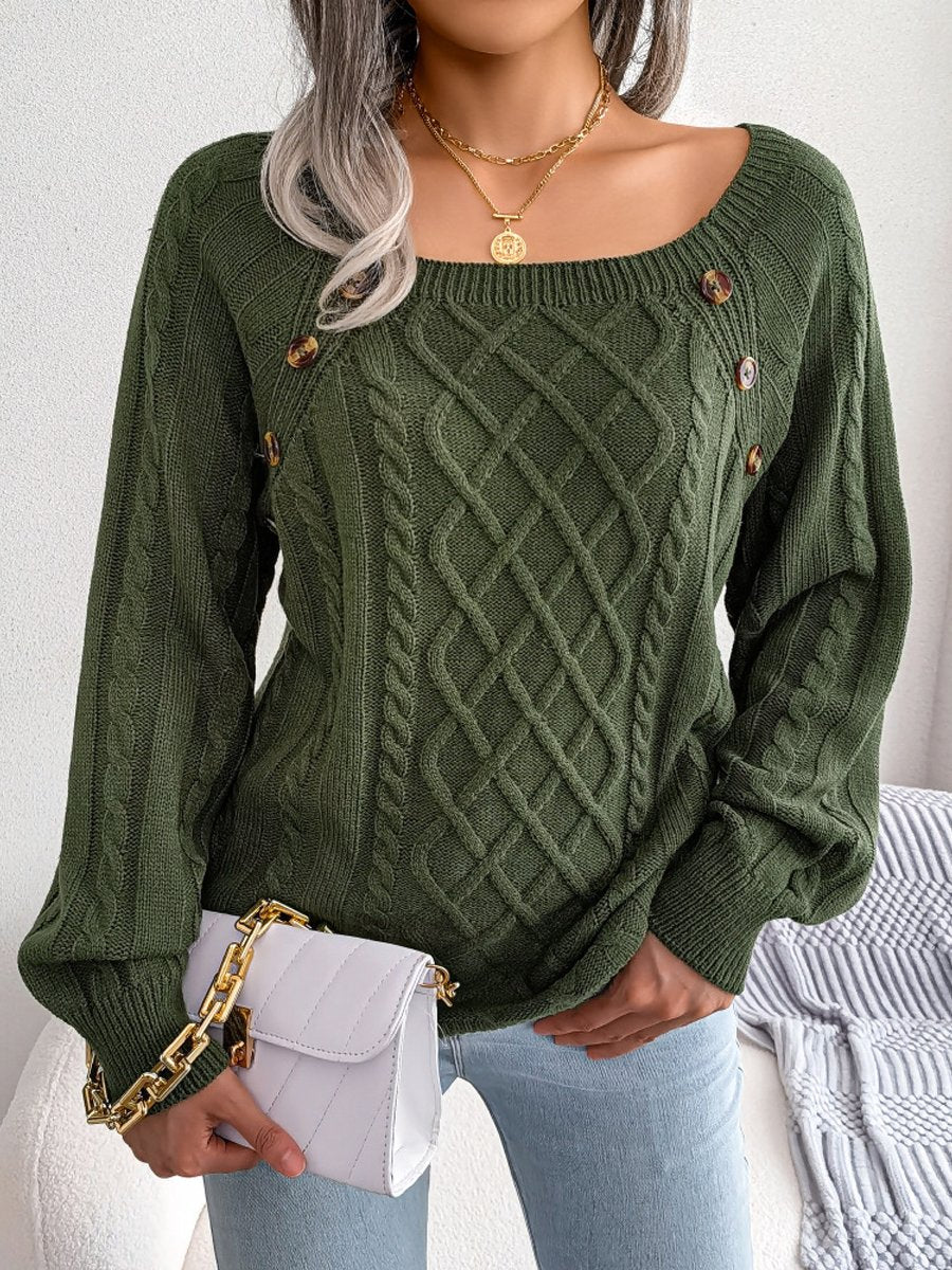 Square Neck Button Cable Knit Pullover