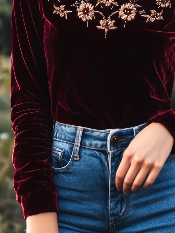 Boho Ruffled Collar Golden Floral Embroidery Velvet Top