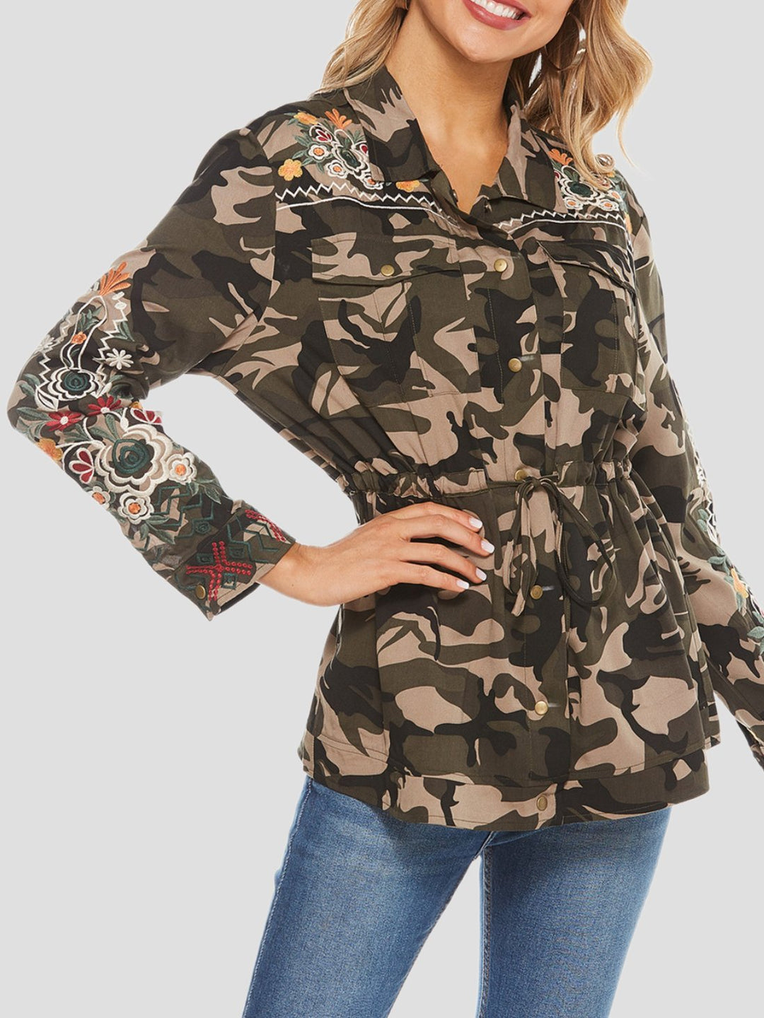 Handmade Embroidered Drawstring Waist Camouflage Shirt Jacket