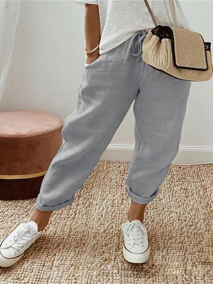 Cotton Linen Pocket Elastic Waist Casual Pants