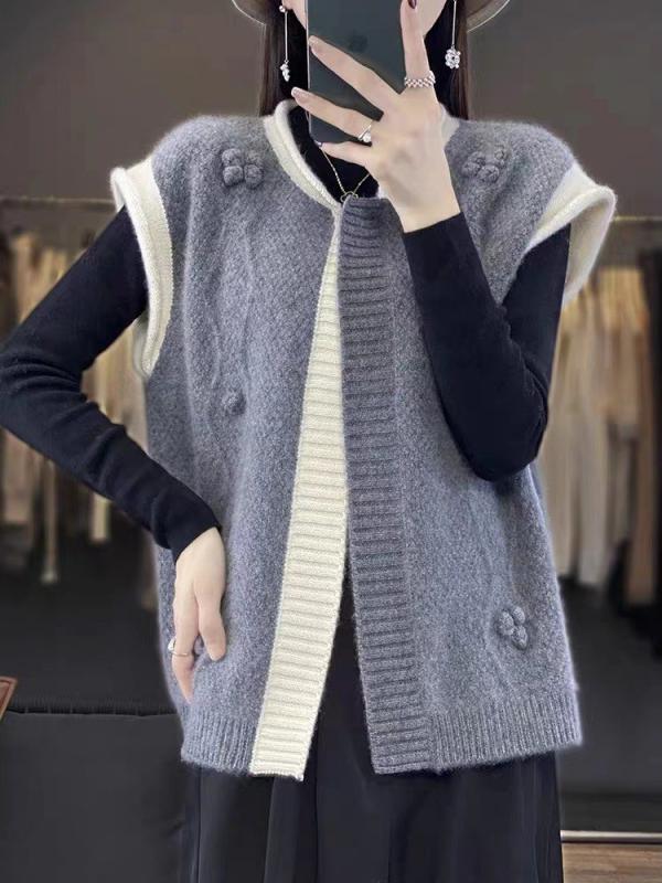 Round Neck Color-Block Sleeveless Cashmere Cardigan