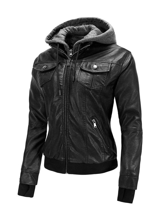 Stylish Detachable Hooded Fleece Lined Leather Jacket