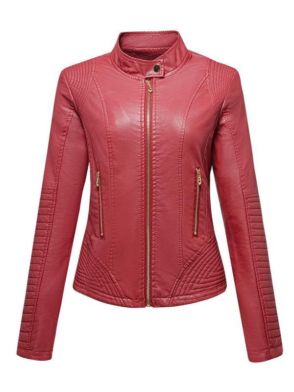 Women Sharp Stand Collar Slim Fit Leather Jacket