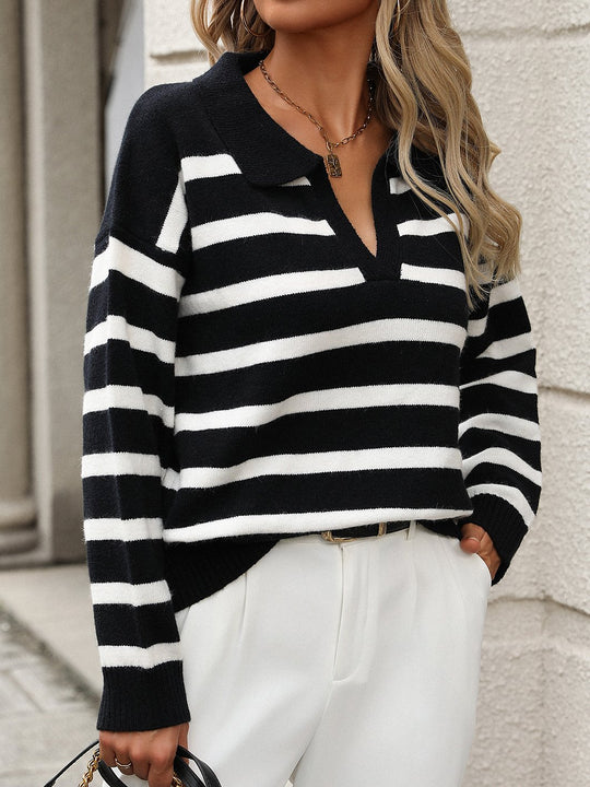 Stylish Classic Striped Loose Knitted Lapel Sweater