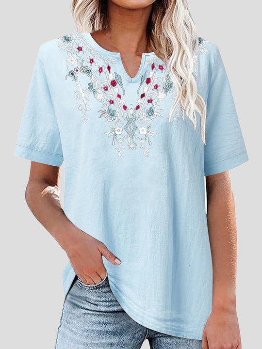 Cotton Linen Embroidered V-Neck Short Sleeve T-Shirt