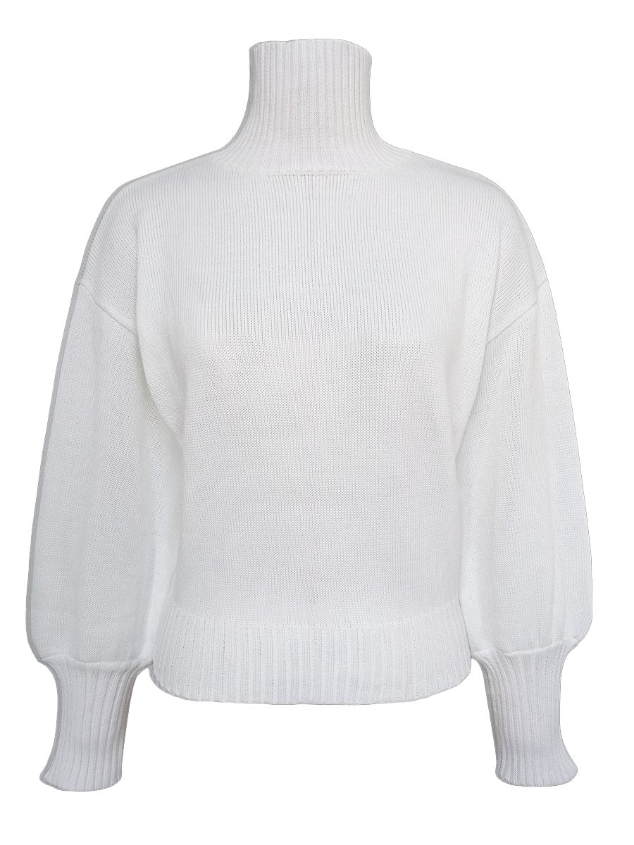 Women's Solid Color Puff Sleeve High Collar Casual Sweater