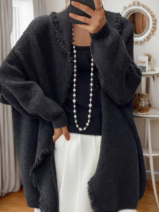 Stylish Loose Solid Color Frayed Knit Cardigan Coat