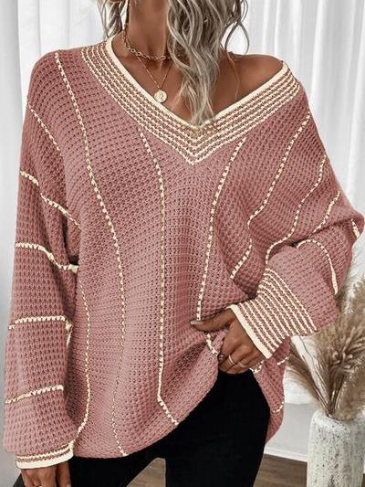 Stylish V-neck Mid-length Knit Striped Loose Sweater