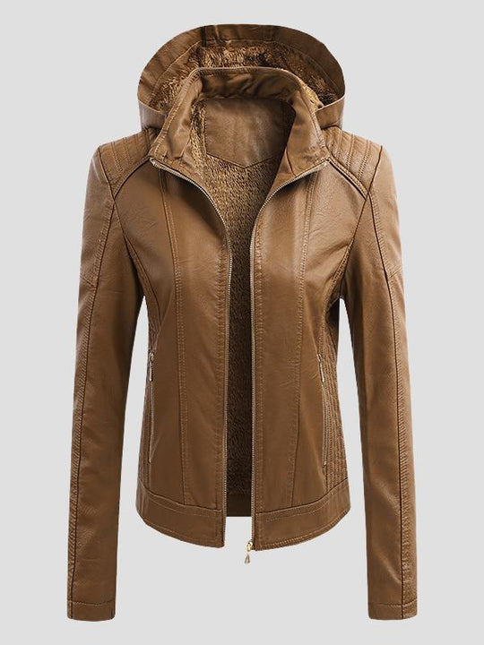 Stylish Warm Lined Detachable Hood Pockets Leather Jacket