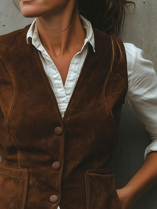 Retro Minimalist Design Side Pockets Suede Vest