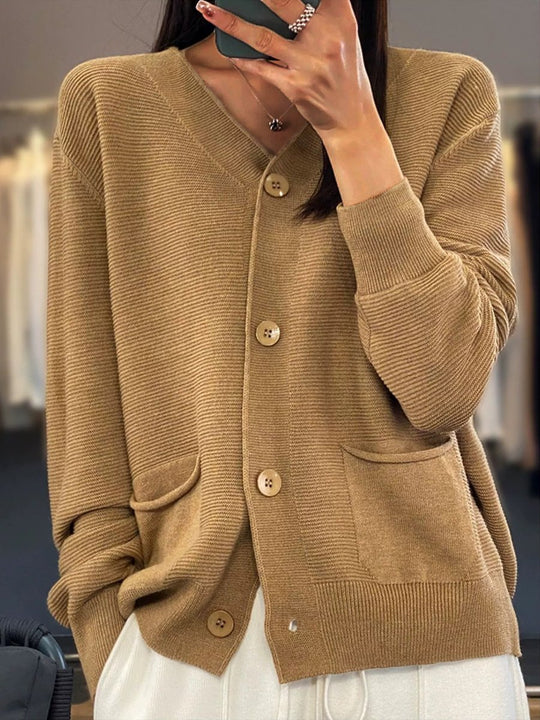 Pocket Solid Color V-Neck Knitted Cardigan