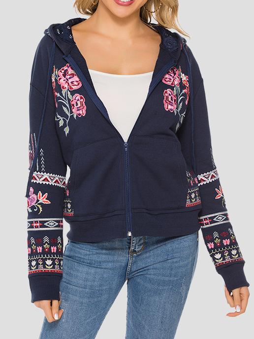 Stylish Floral Embroidered Hooded Sweatshirt Jacket