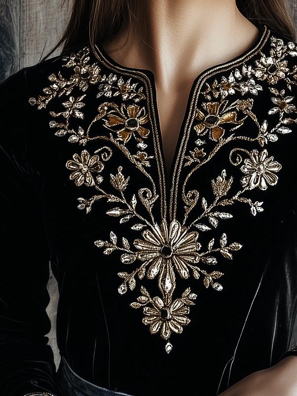 Retro Golden Embroidery V-neck Velvet Long Sleeves T-shirt