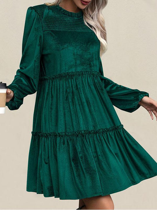 Elegant Velvet Ruffled Hem Casual Dress