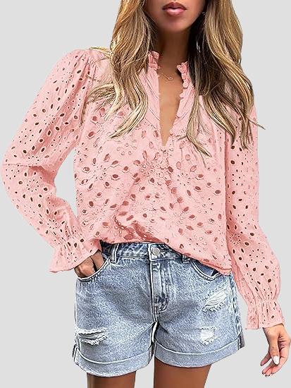 Elegant Half-open Hollow-out Lace Puff Sleeves Blouse