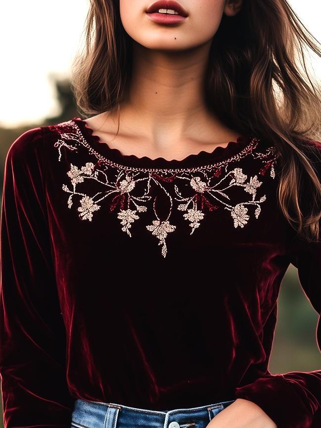 Boho Zigzag Collar Golden Vine Embroidery Velvet Top