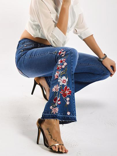 Handmade Embroidered Flower Slim-fit Flare Jeans