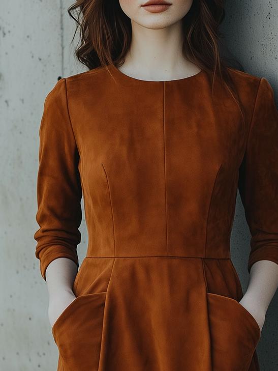 Elegant Three-quater Sleeves Pockets Suede A-line Dress