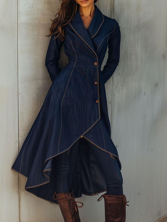 Elegant Shawl Collar Asymmetrical Hem Denim Dress