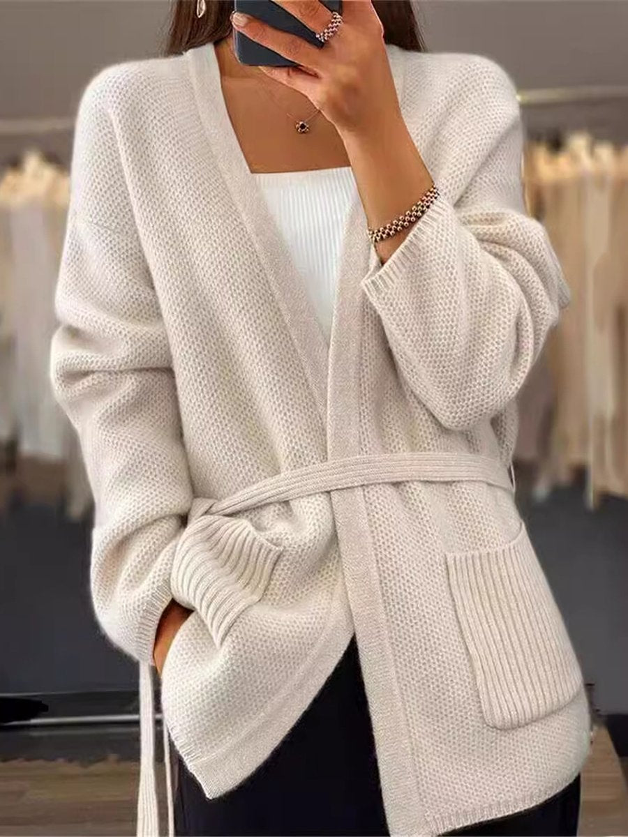 Solid Color Pocket Tie Knit Cardigan