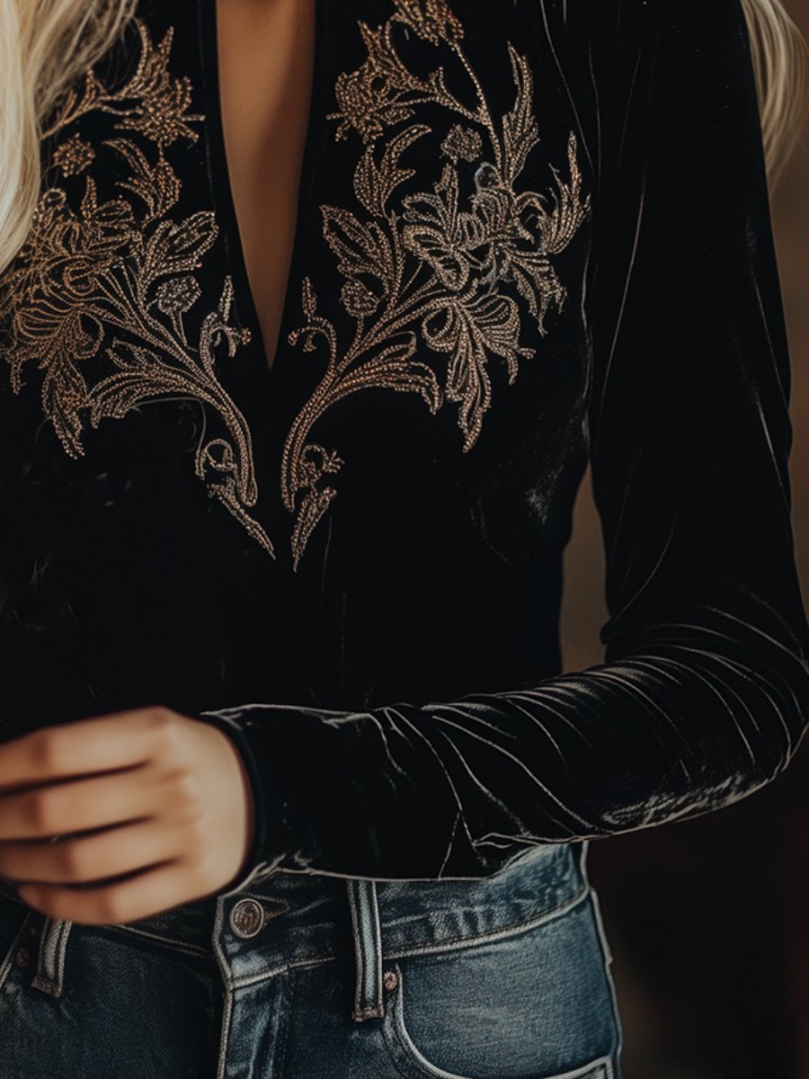 Elegant V-neck Embroidery Velvet Long Sleeves Top