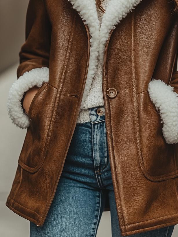 Chic Thick Sheepskin Lined Mid-length Leather Coat