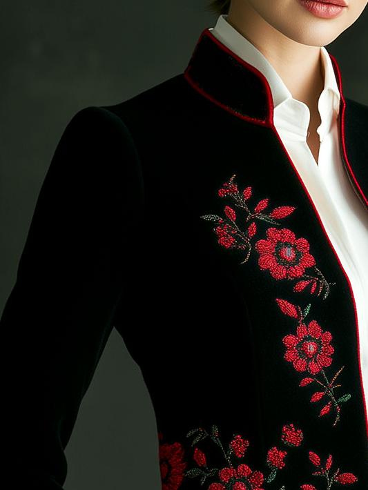 Ethnic Stand Collar Embroidery Velvet Jacket