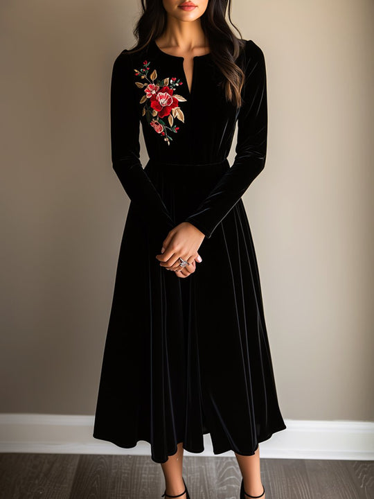 Elegant V-neck Simple Embroidery Velvet Midi Dress