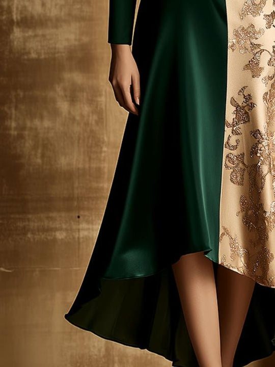 Elegant Color Patchwork Asymmetrical Hem Satin Dress