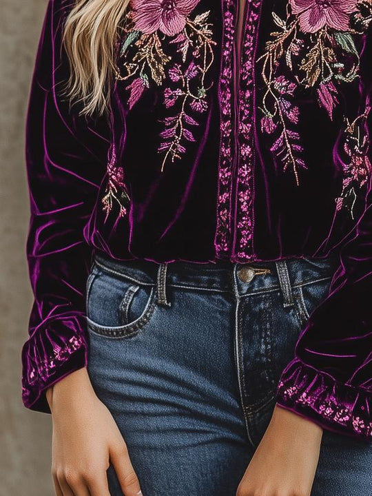 Retro Boho V-neck Flower Embroidery Velvet Shirt