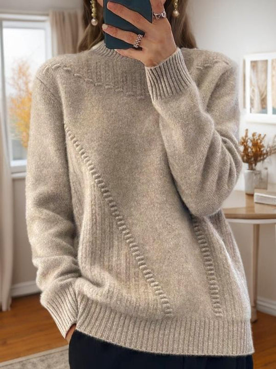 Chic Solid Color Mock Neck Jacquard Knit Pullover Sweater