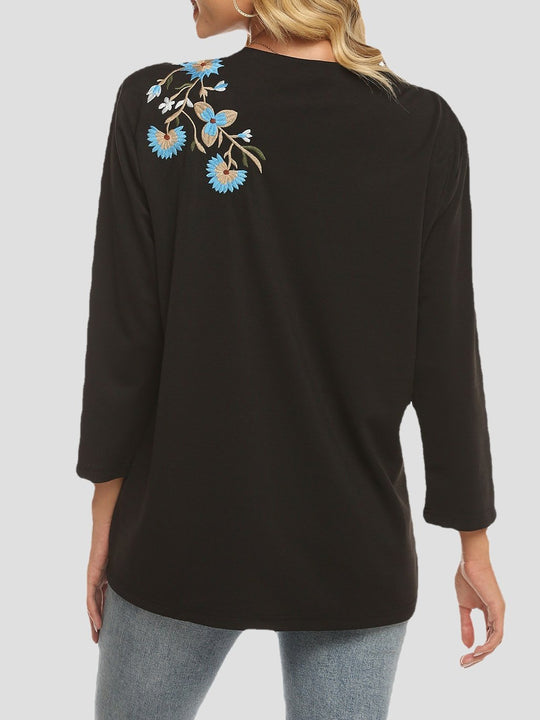 Elegant Embroidery V-neck Long Sleeves Loose-fitting Pullover