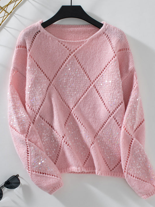 Stylish Hollow Out Sequin Knitted Sweater