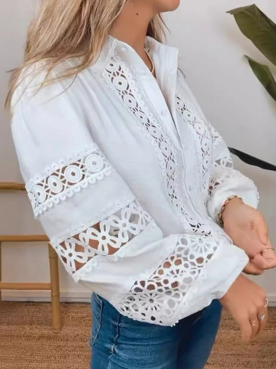 Long Sleeved Hollow Lace Embroidered Blouse