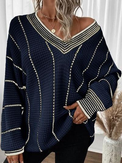 Stylish V-neck Mid-length Knit Striped Loose Sweater