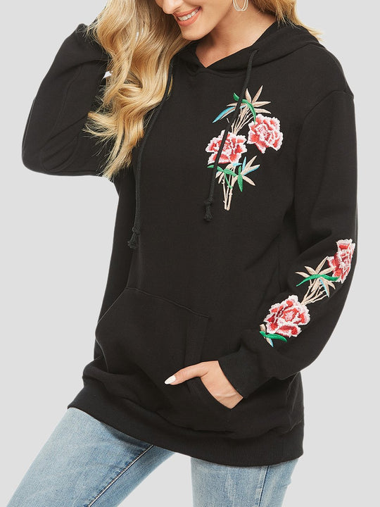 Elegant Floral Embroidered Mid-length Hoodie