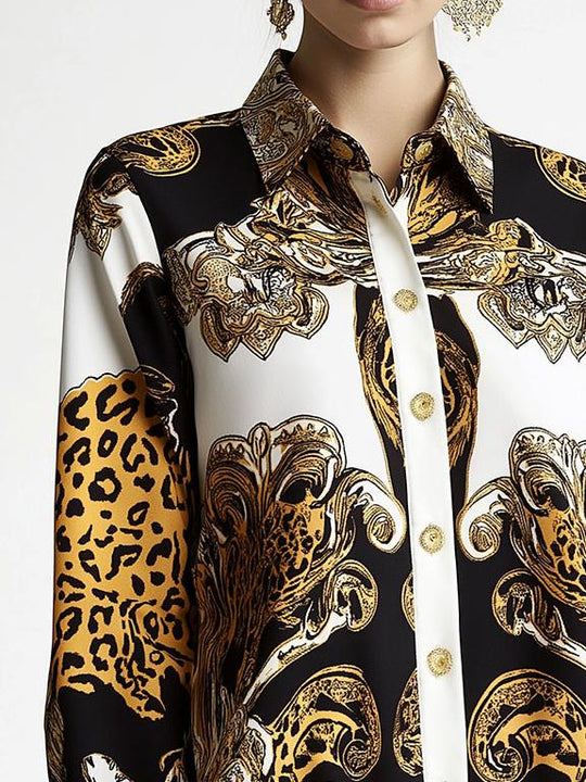 Retro Lapel Leopard Pattern Buttons Long Sleeve Shirt