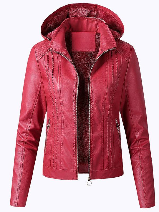 Chic Detachable Hood Lamb Lined Zipper-up Sheepskin Jacket